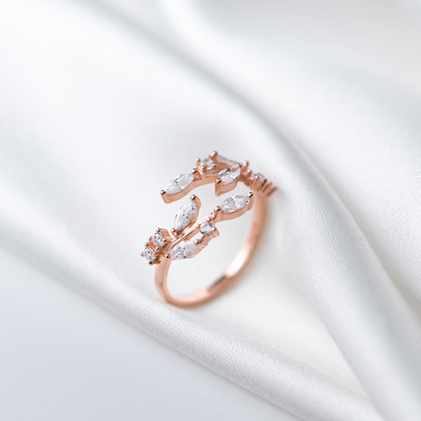 Sterling Silver CZ Leaf Branch Ring Rhodium Rose Gold