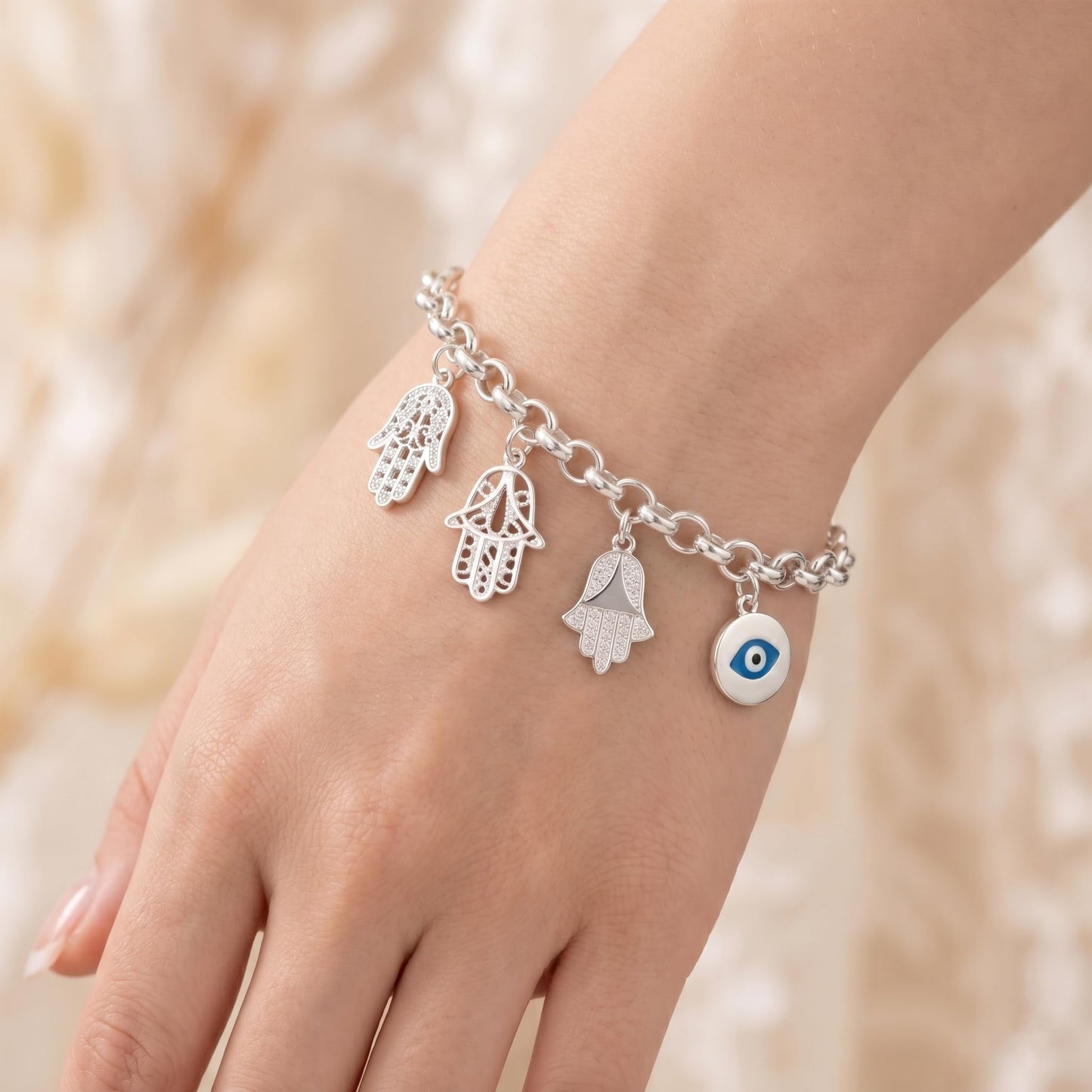 Sterling Silver Hamsa Hand of Fatima Necklace Bracelet Charm Pendant