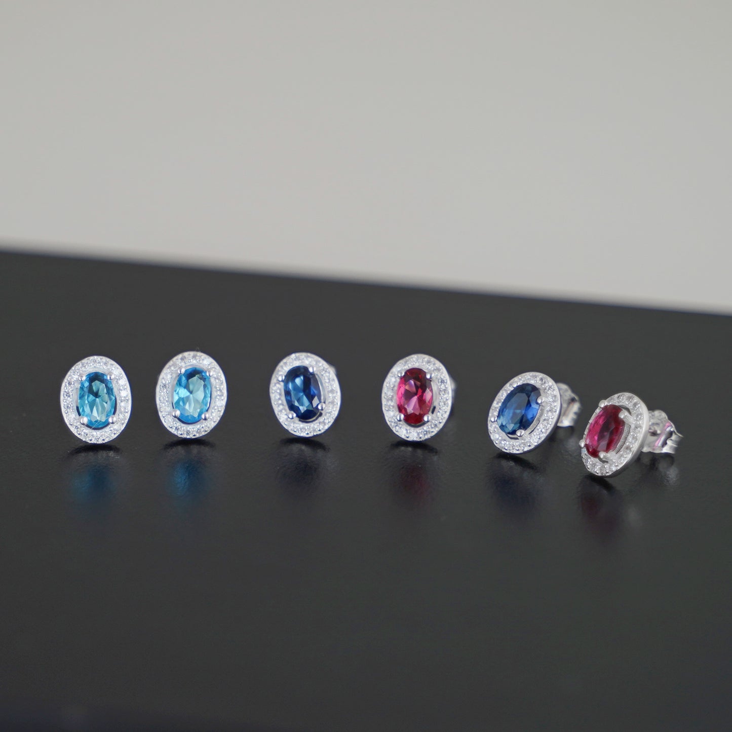 Sterling Silver Halo Stud Earrings Light Blue Aquamarine / Sapphire Blue / Ruby Red / Clear CZ 4mm x 6mm Main Stone