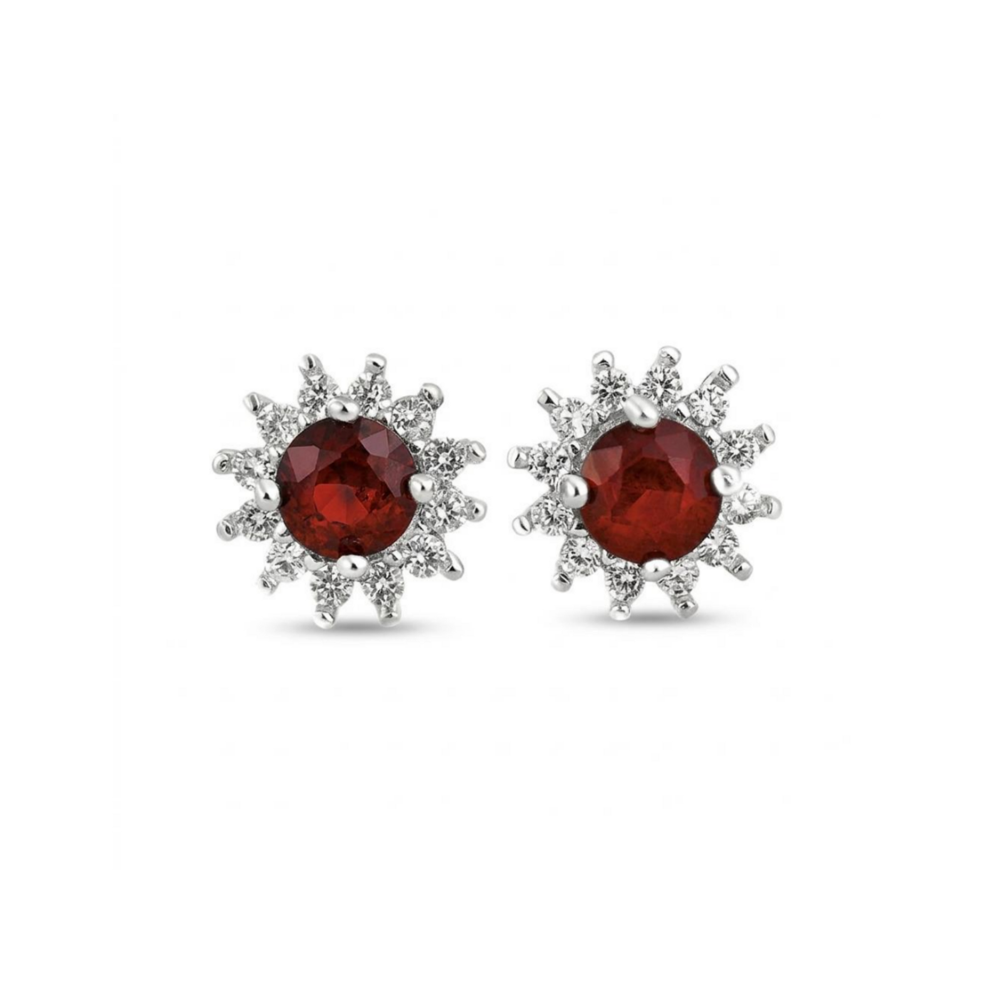 Red round gemstone stud earrings with halo cluster and small round accents