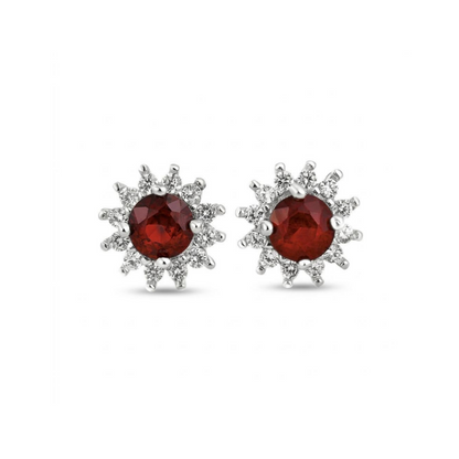 Red round gemstone stud earrings with halo cluster and small round accents