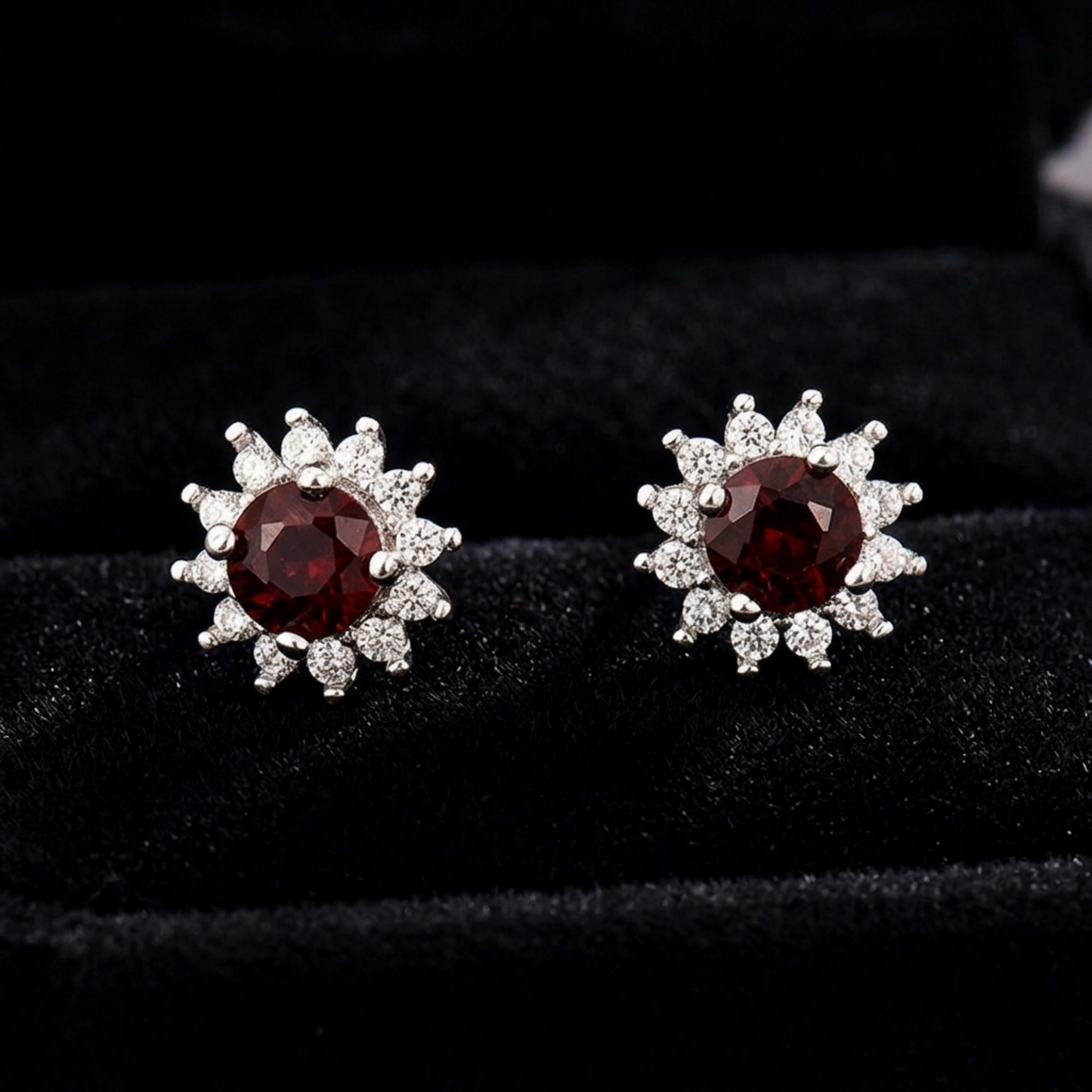 Red round gemstone cluster stud earrings with sparkling halo detail