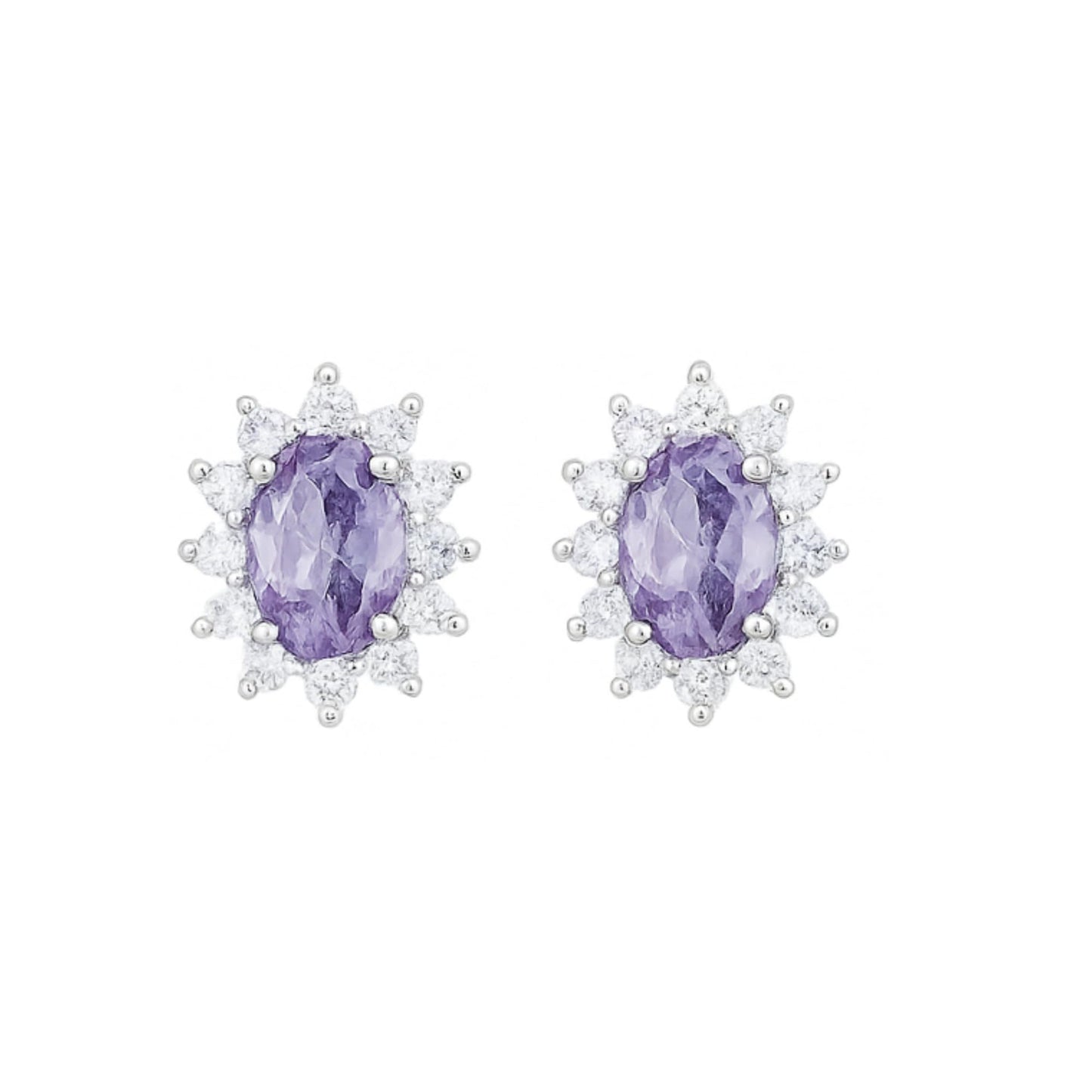 Oval amethyst cluster earrings with halo of small round white stones, purple gemstone, white metal