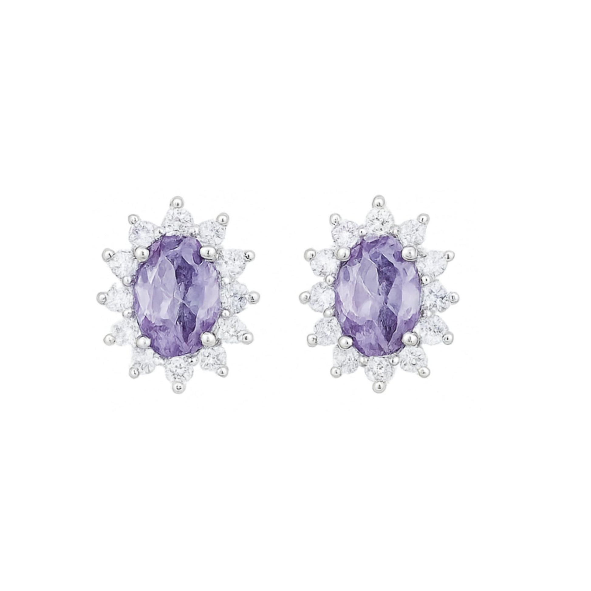 Oval amethyst cluster earrings with halo of small round white stones, purple gemstone, white metal