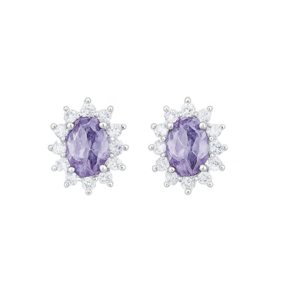 Oval amethyst cluster earrings with halo of small round white stones, purple gemstone, white metal
