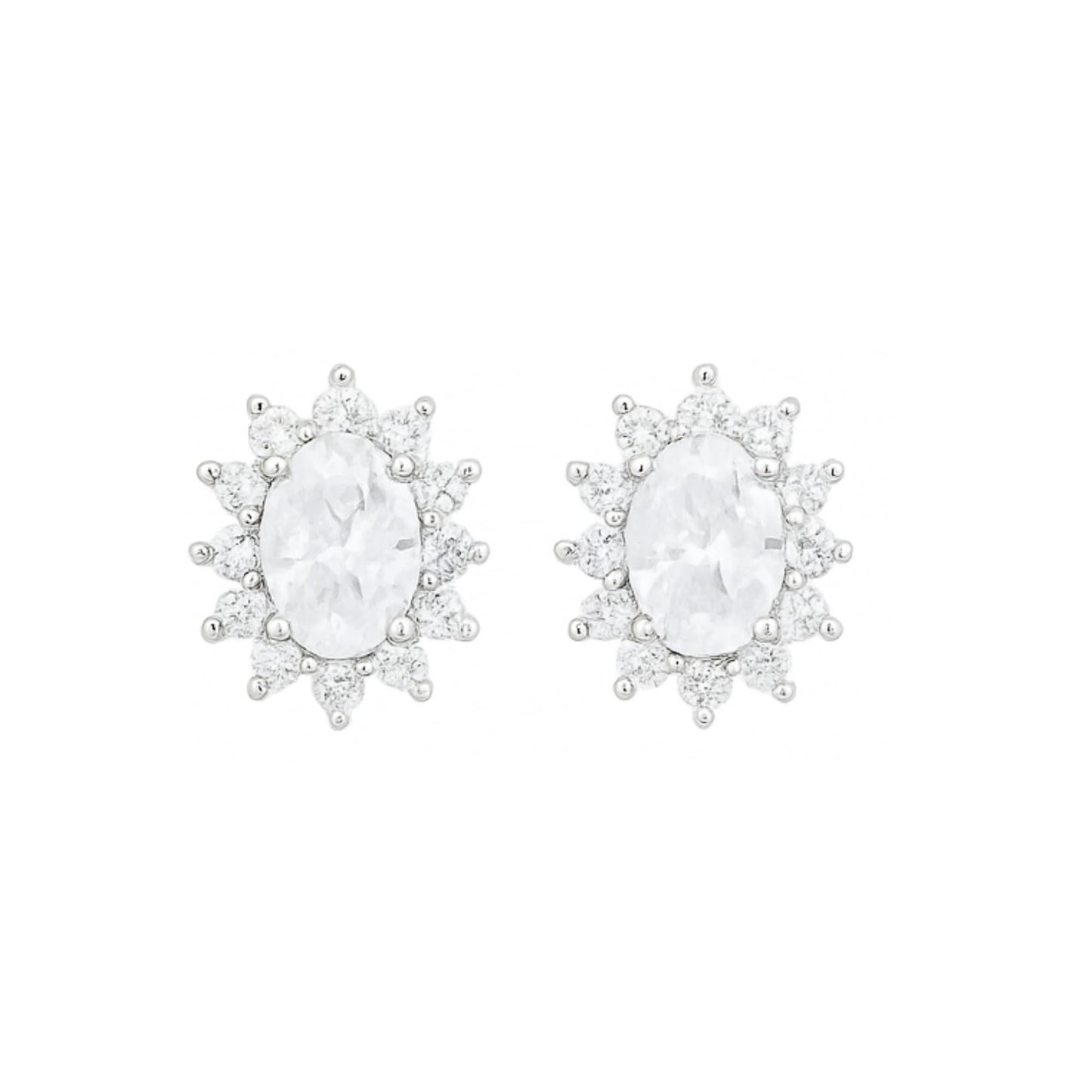 Clear oval gemstone stud earrings with glittering halo cluster