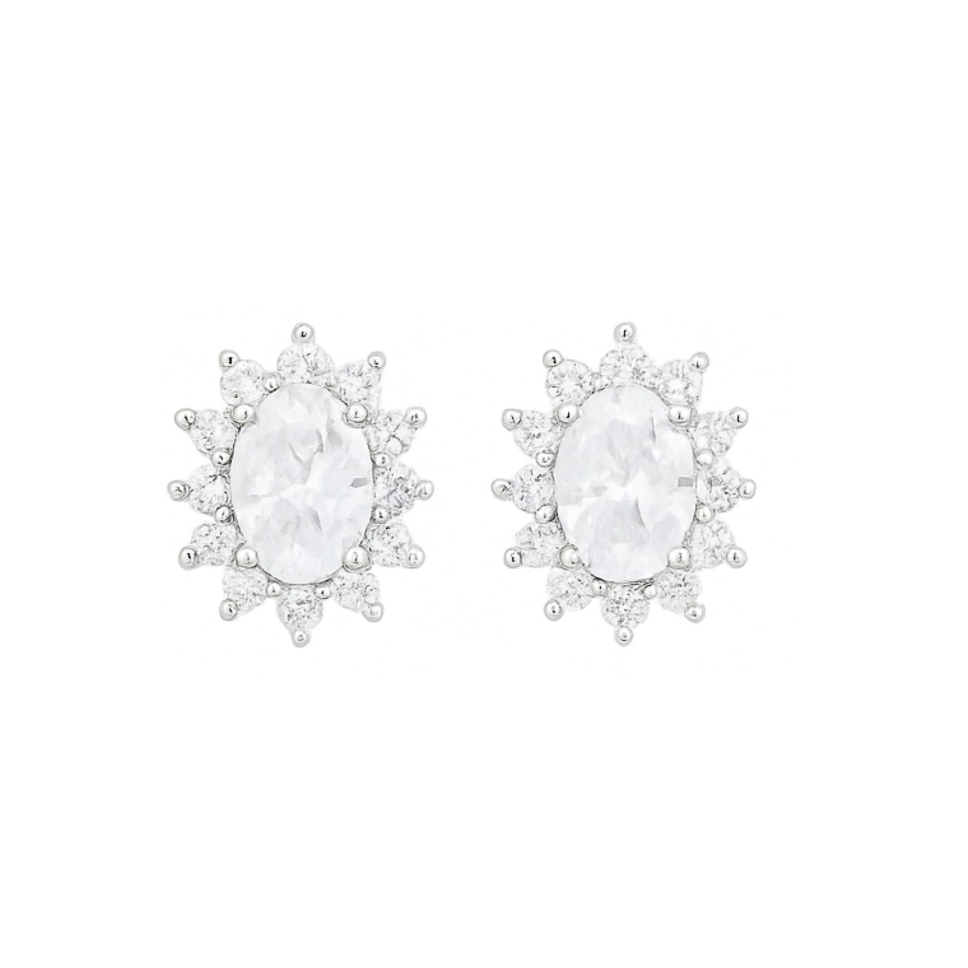 Clear oval gemstone stud earrings with glittering halo cluster