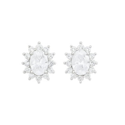Clear oval gemstone stud earrings with glittering halo cluster