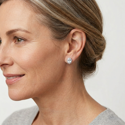 Clear oval gemstone stud earrings with halo cluster worn on ear