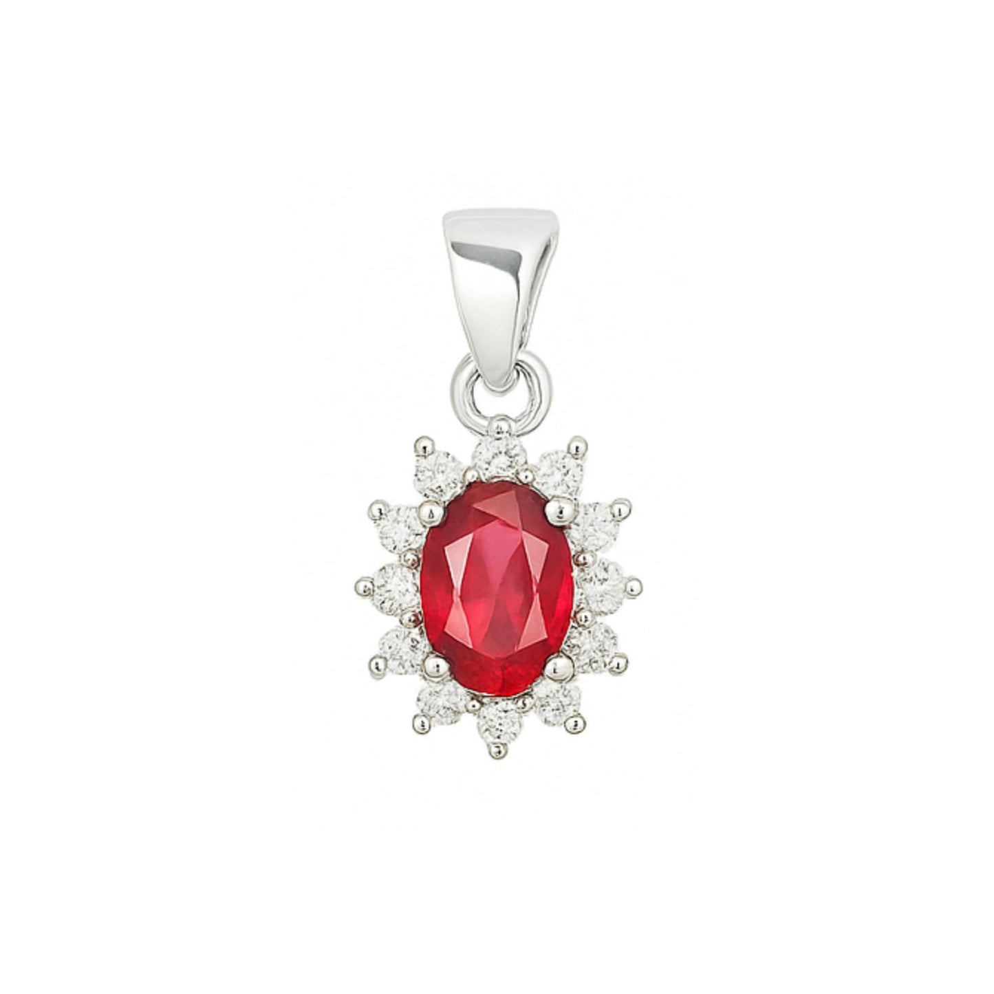 Red oval gemstone cluster pendant with clear halo stones, silver tone bail