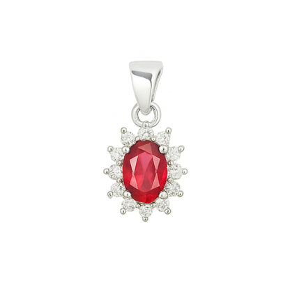 Red oval gemstone cluster pendant with clear halo stones, silver tone bail