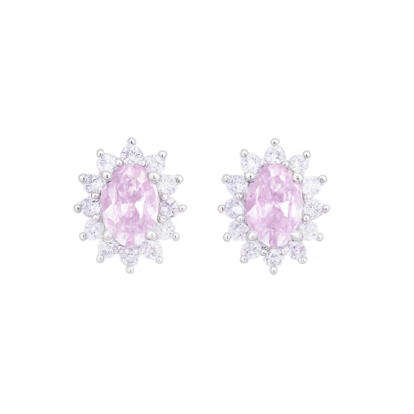 Oval pink gemstone cluster earrings with halo of small round white stones, pink center, white metal