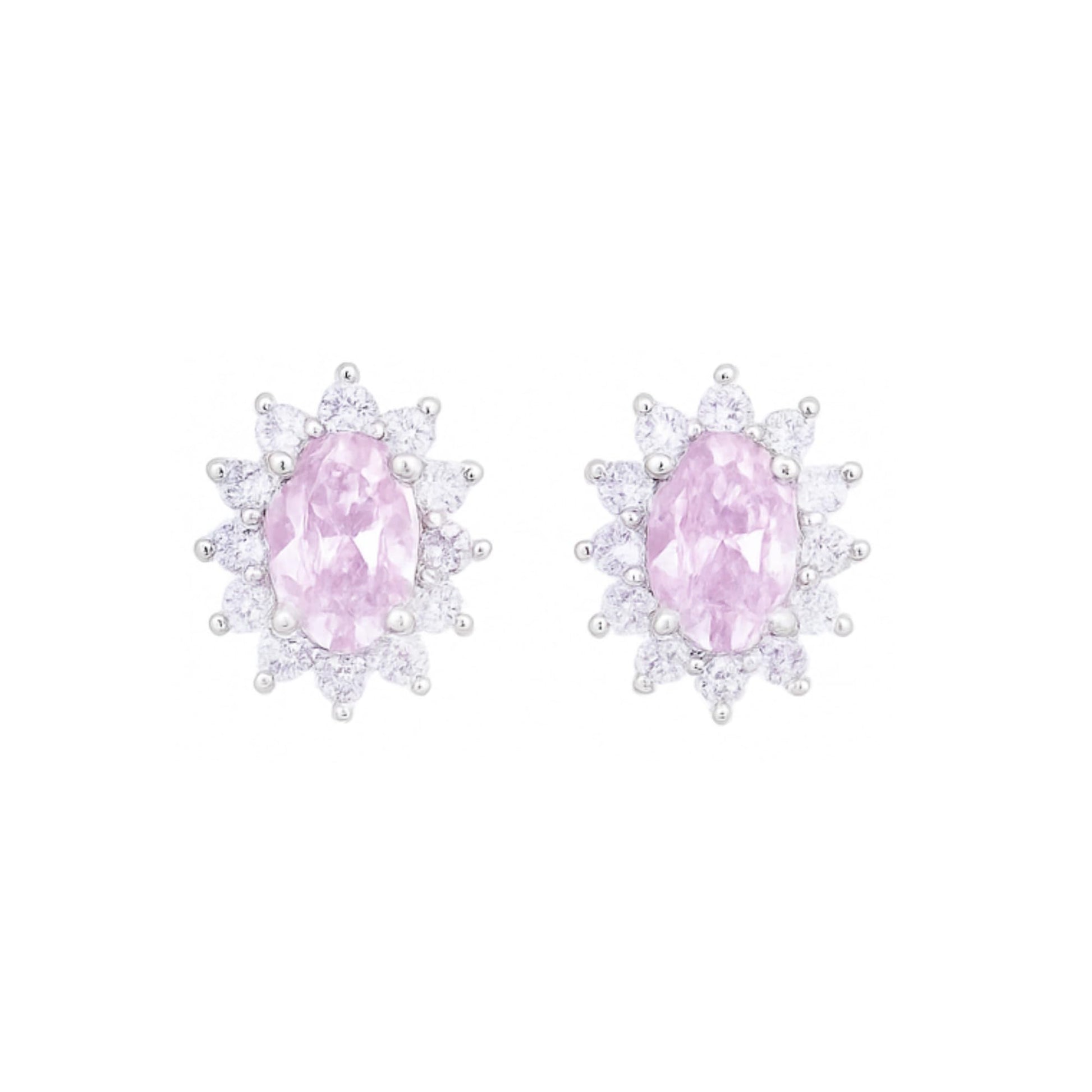 Oval pink gemstone cluster earrings with halo of small round white stones, pink center, white metal