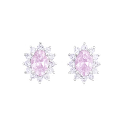 Oval pink gemstone cluster earrings with halo of small round white stones, pink center, white metal