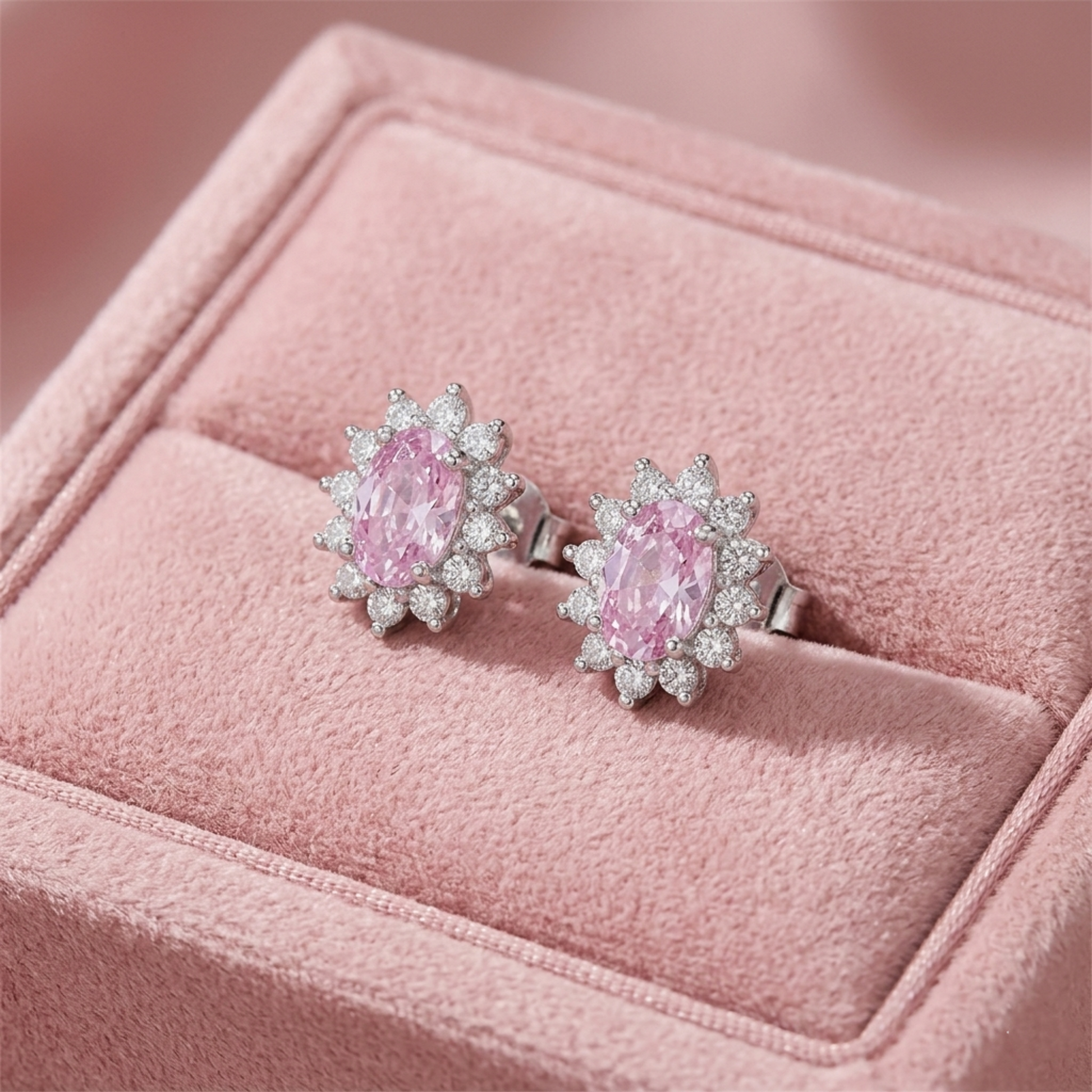 Pink oval gemstone stud earrings with sparkling halo cluster detail