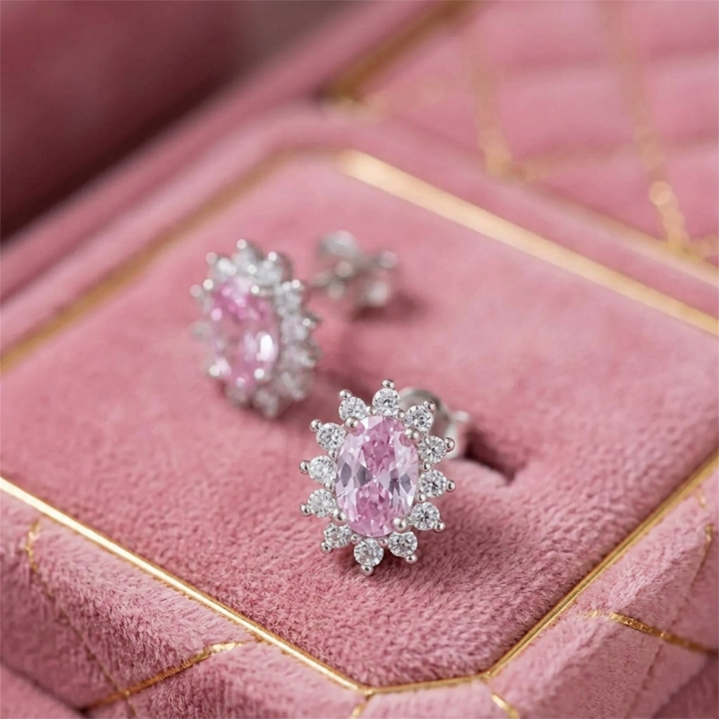 Pink oval gemstone stud earrings with prong-set halo cluster
