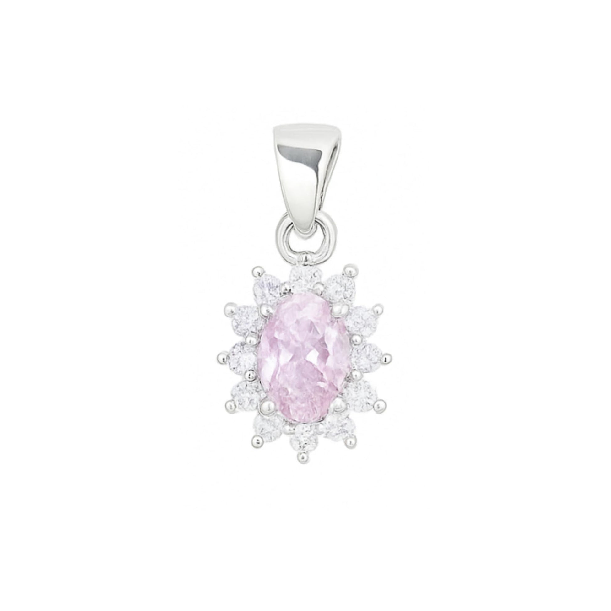 Pink oval gemstone cluster pendant in silver tone with clear halo stones