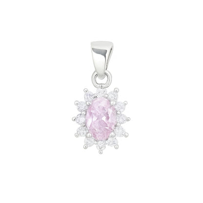 Pink oval gemstone cluster pendant in silver tone with clear halo stones