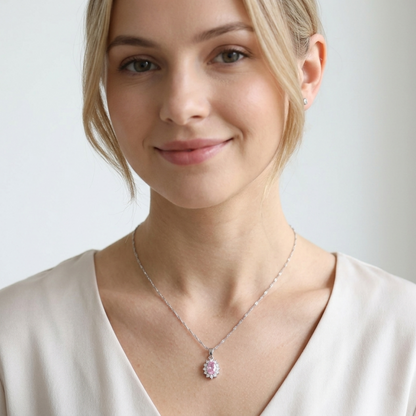 Pink oval cluster necklace pendant on fine chain