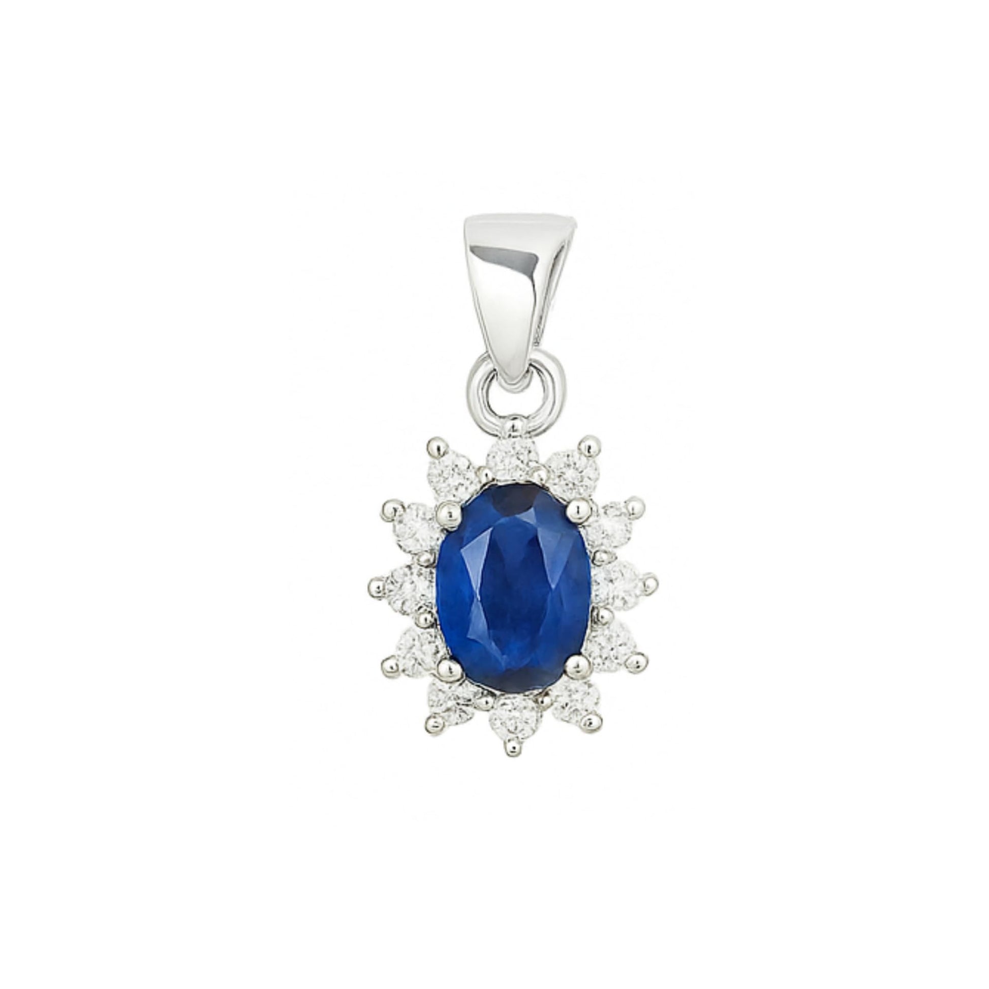 Blue oval gemstone cluster pendant with clear halo stones, silver tone bail