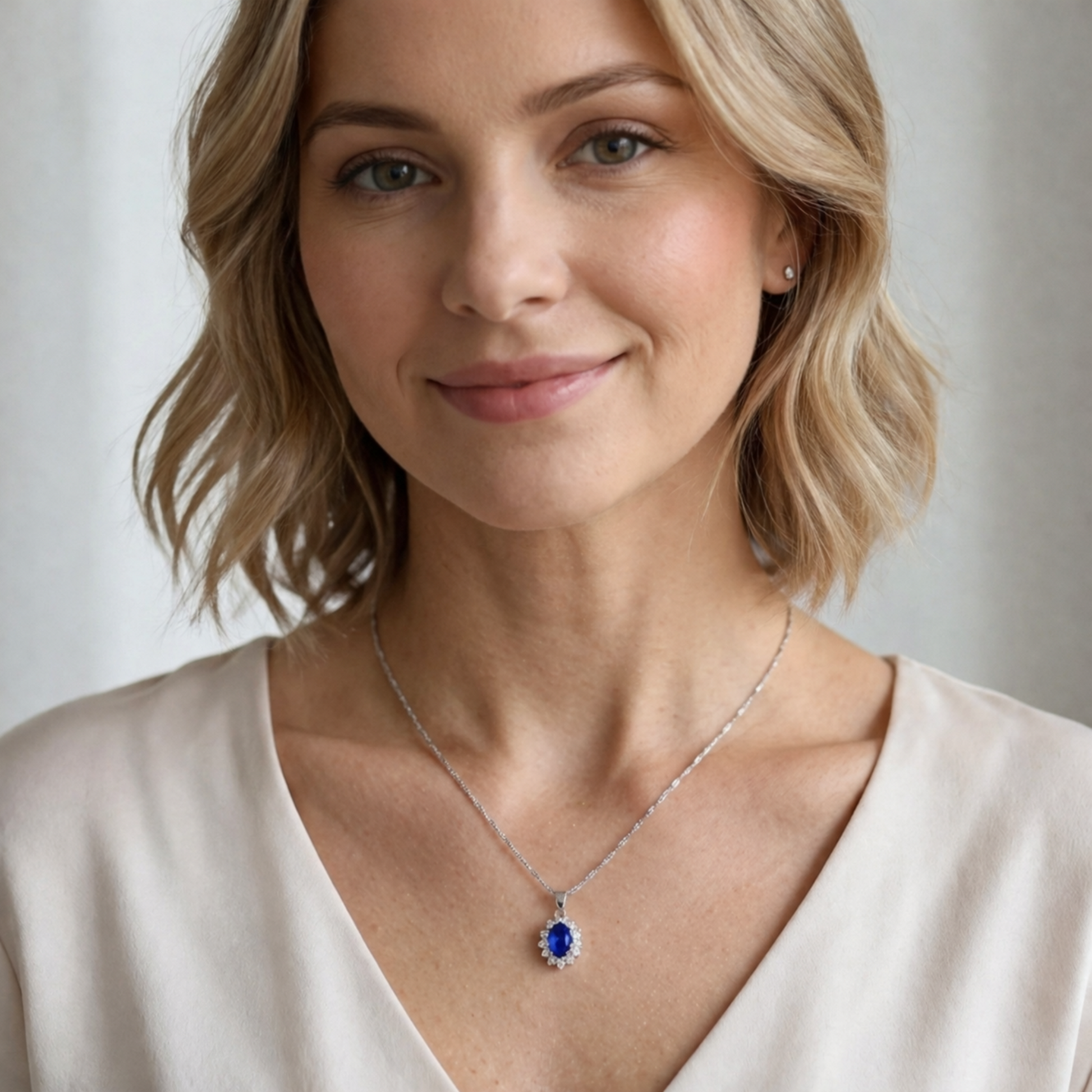 Blue oval cluster necklace pendant on fine chain