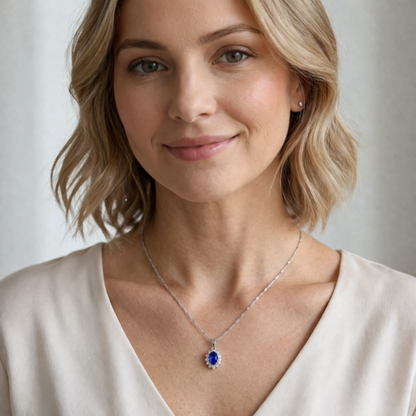 Blue oval cluster necklace pendant on fine chain