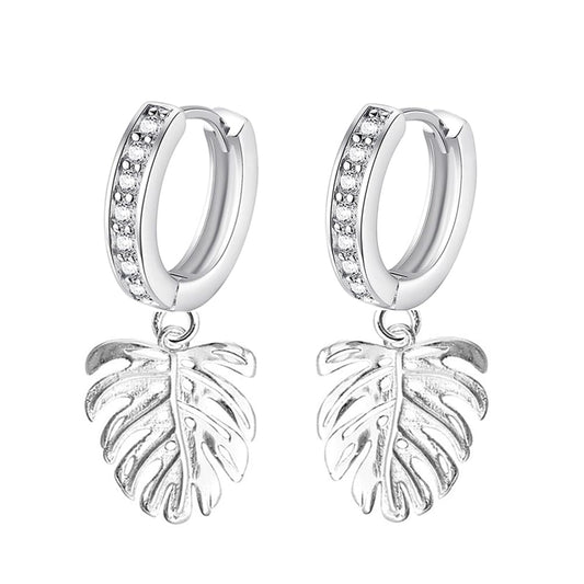 Sterling Silver Channel CZ Huggie Hoop Eternity Monstera Leaf Drop Earrings