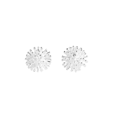 Dandelion flower stud earrings, silver-tone, round crystal petals