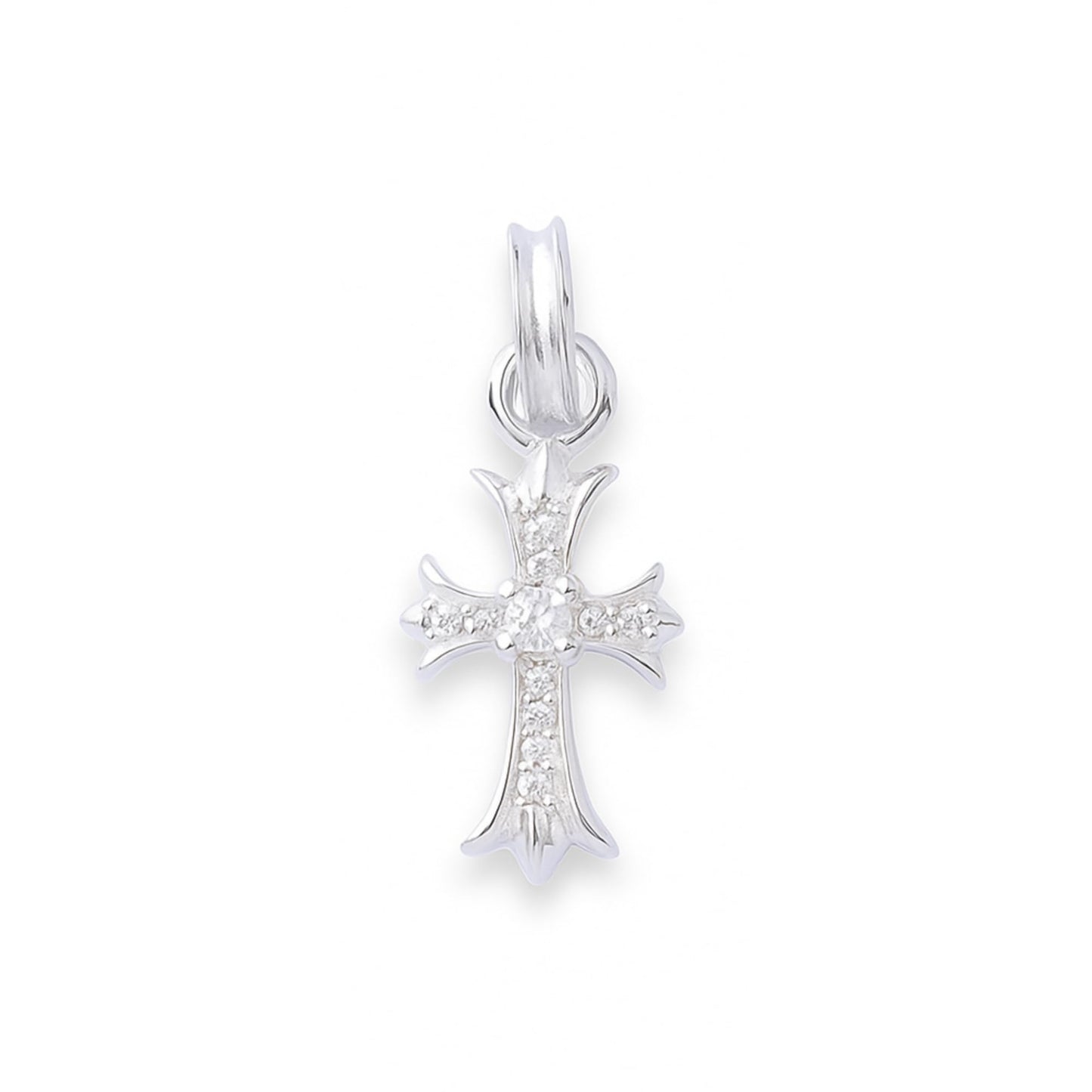 Silver CZ cross pendant with sparkling crystal accents and loop bail