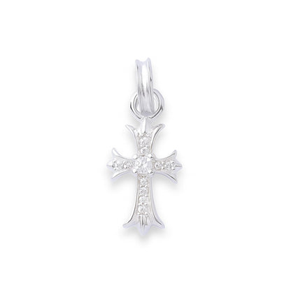 Silver CZ cross pendant with sparkling crystal accents and loop bail