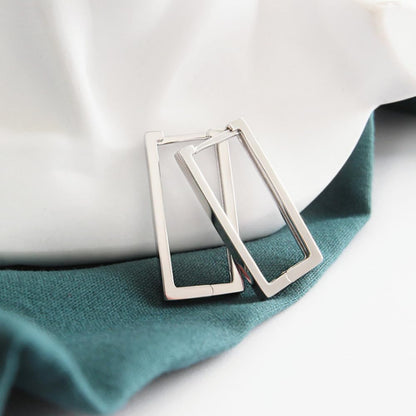 Sterling Silver Rectangle Square Huggie Hoop Drop Earrings 3 Tones Rhodium 18K Gold Rose Gold