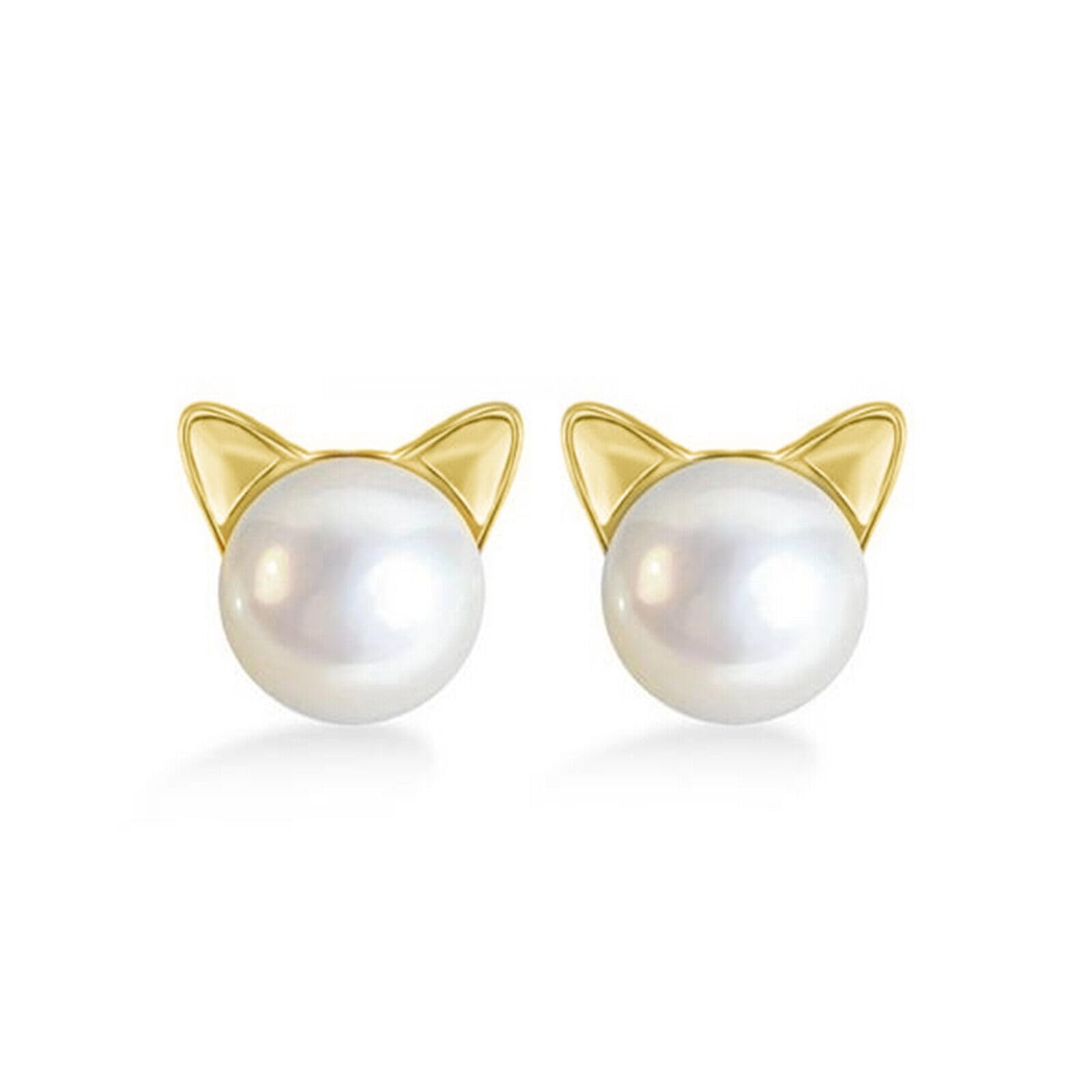 Cat & Pearl Schmuckset: goldfarbene Katzenohr-Ohrstecker mit Perlenkopf