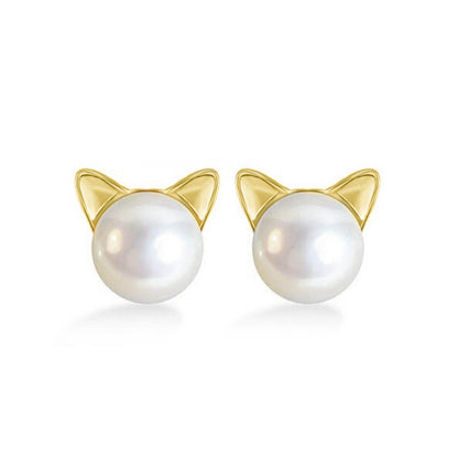 Cat & Pearl Schmuckset: goldfarbene Katzenohr-Ohrstecker mit Perlenkopf