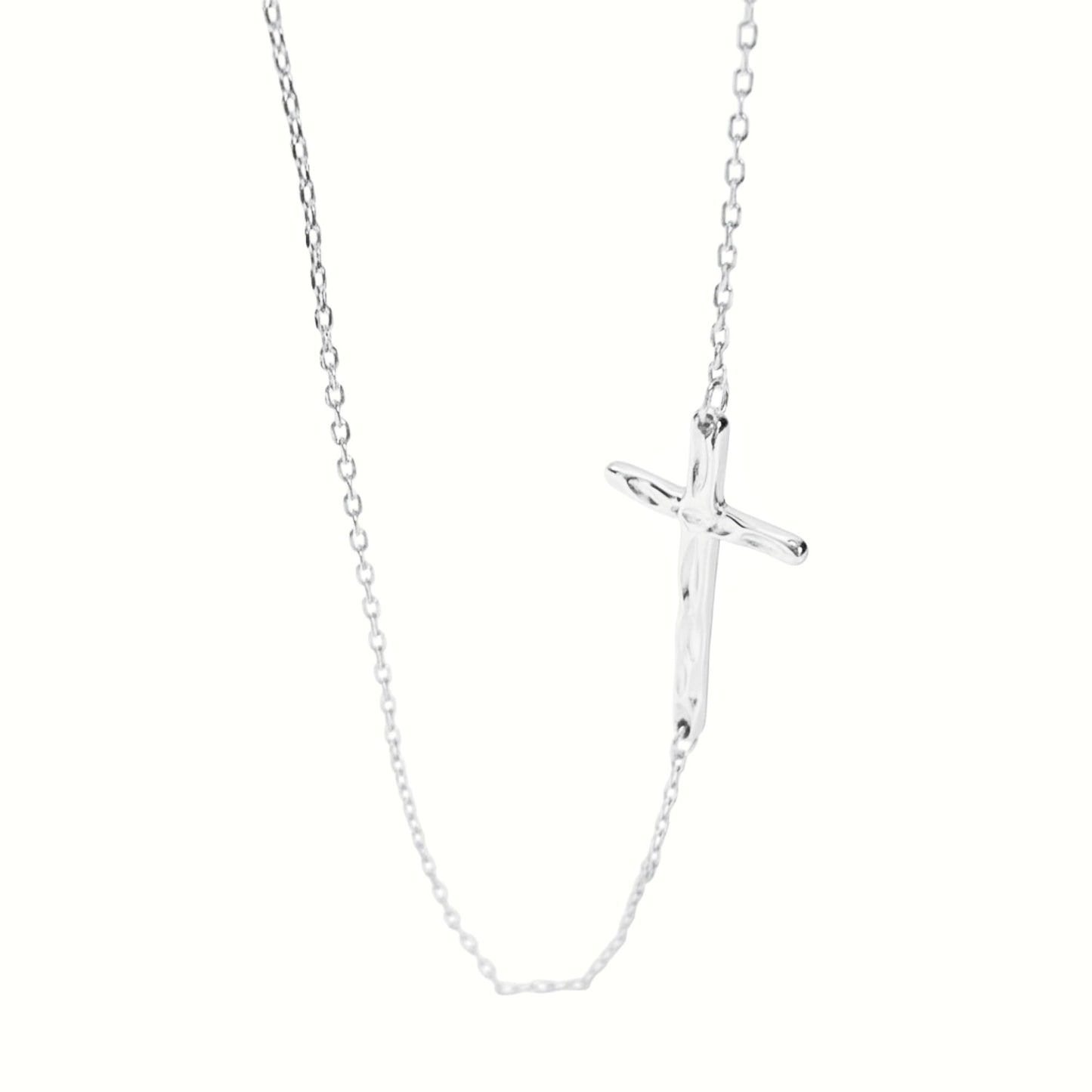 Sterling Silver Reversible Organic Texture Sideways Cross Necklace 42.5cm 16.7"