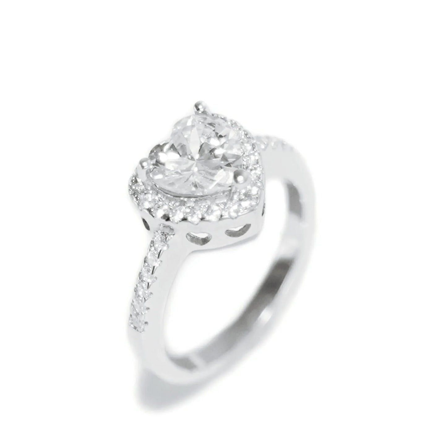 Sterling Silver Solitaire Heart Halo Ring Bezel Setting with Paved CZ Shoulders