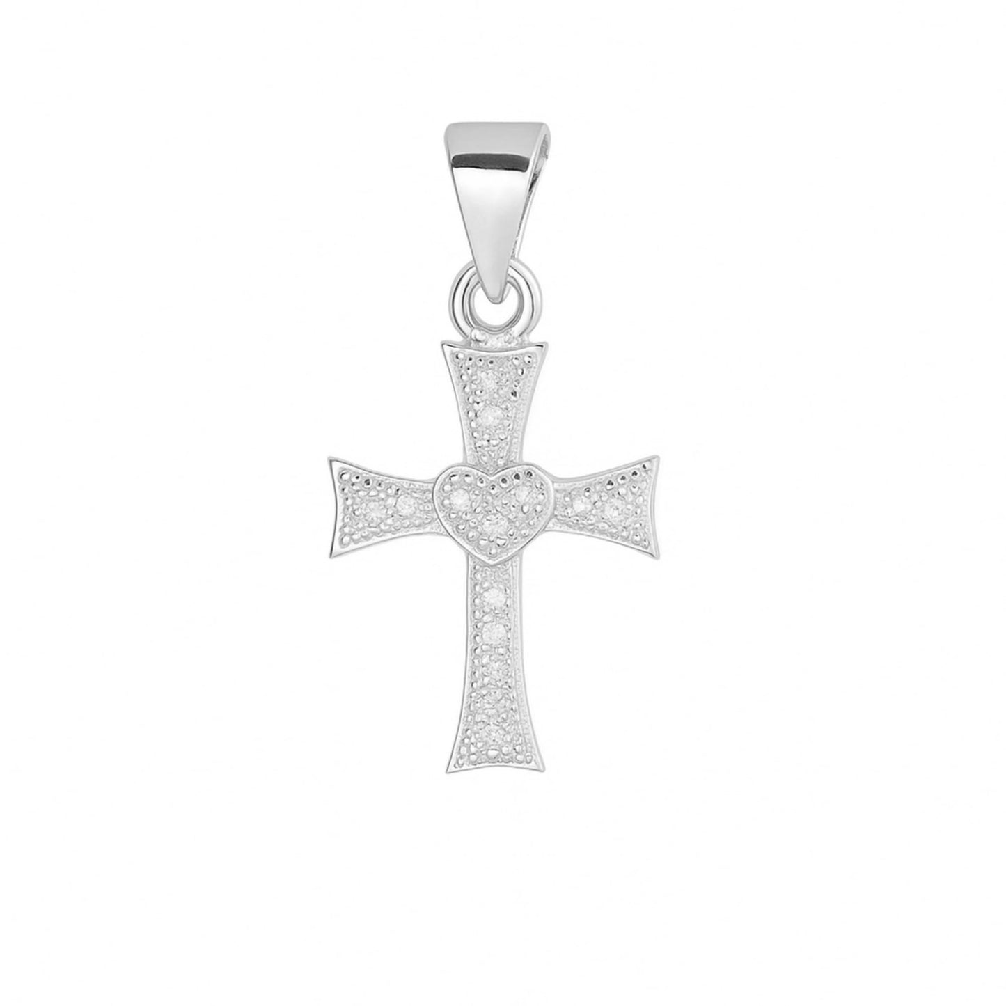 Heart cross pendant with CZ stones, silver-tone, pavé heart center