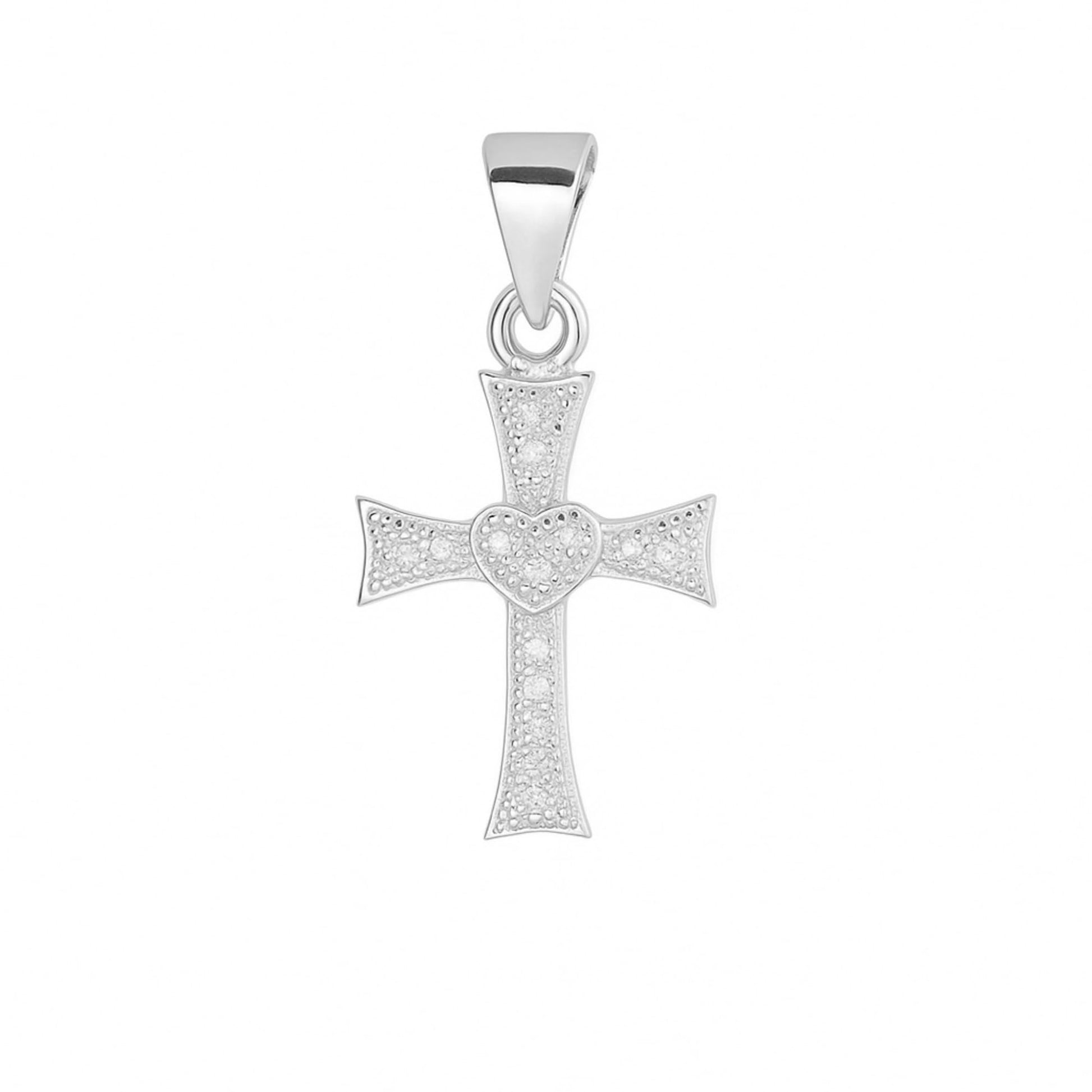 Heart cross pendant with CZ stones, silver-tone, pavé heart center