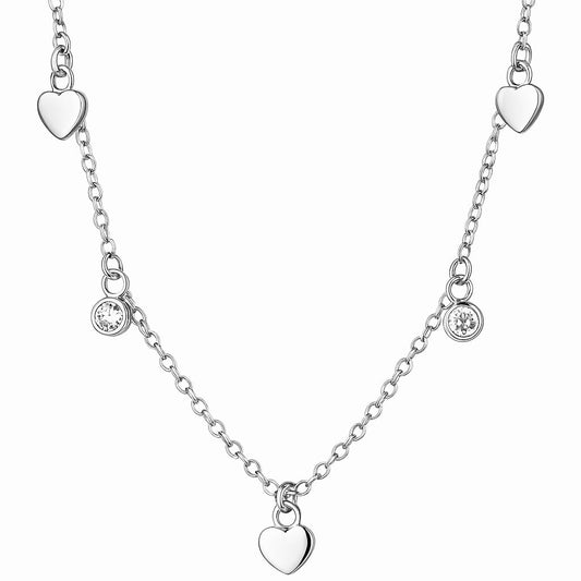 Rhodium on Sterling Silver Mini Love Heart Bezel CZ Charms Drip Choker Necklace 41cm 16''
