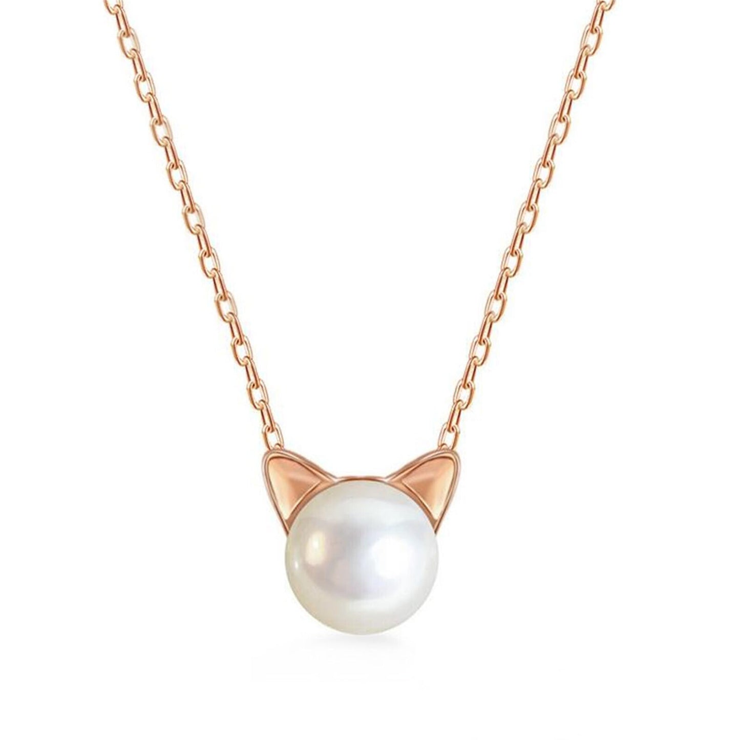 Cat pearl pendant necklace, rose-gold chain with white pearl and cat-ear frame