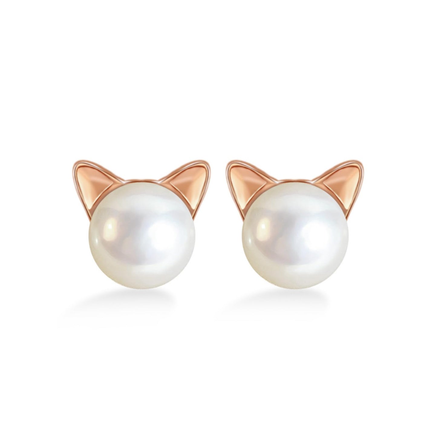Cat pearl stud earrings, rose-gold with white pearl domes