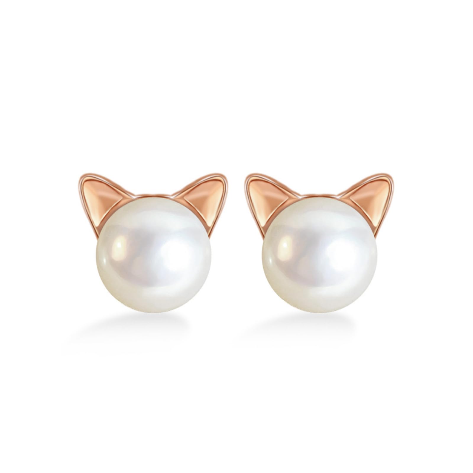Cat pearl stud earrings, rose-gold with white pearl domes