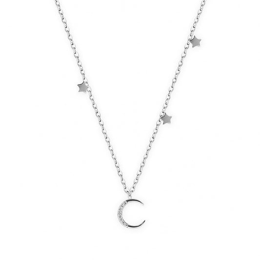 Rhodium on Sterling Silver Mini Moon Star CZ Crescent Charm Drop Choker Necklace 32.5 - 39cm 15.4''