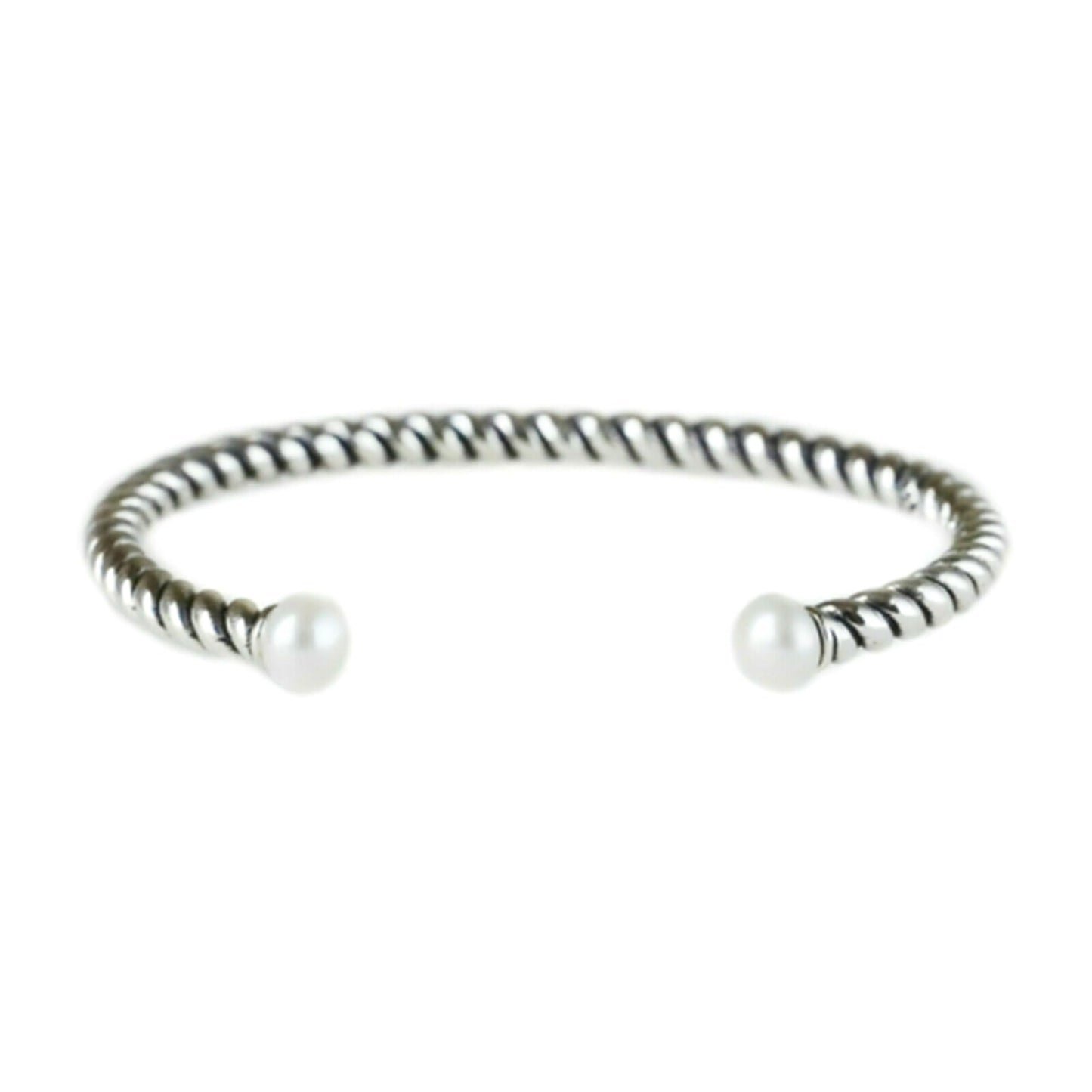 Pearl Twisted Torque Bangle: silver twisted cuff with two white pearl drops