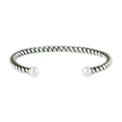 Pearl Twisted Torque Bangle: silver twisted cuff with two white pearl drops