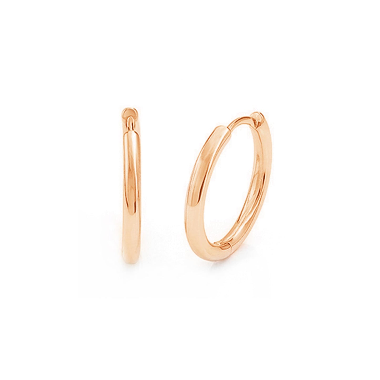 Rose Gold sleeper huggies, close view of small hinged hoops and clasp