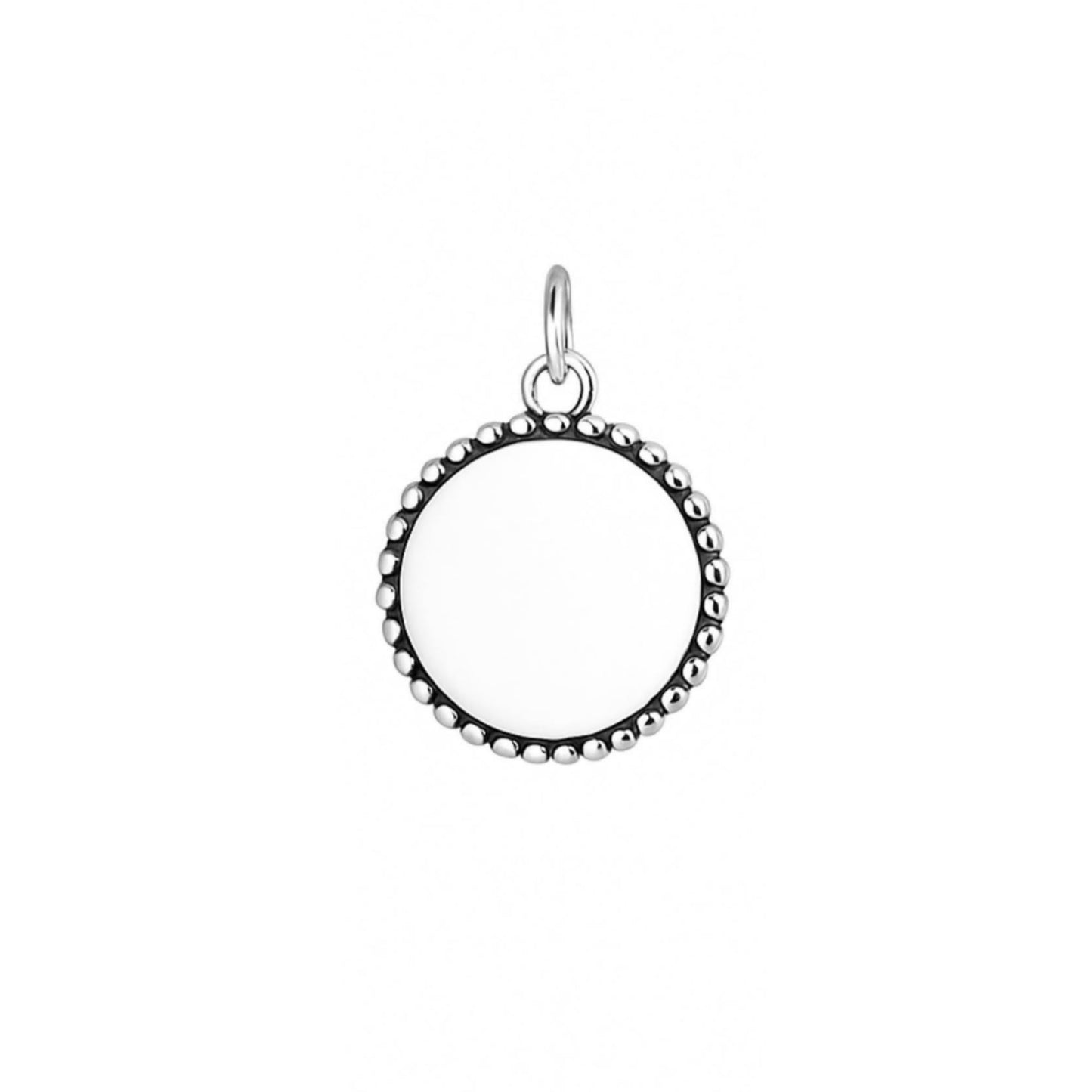 Oxidised Beaded Circle Charm with round center and beaded border, silver-tone bail