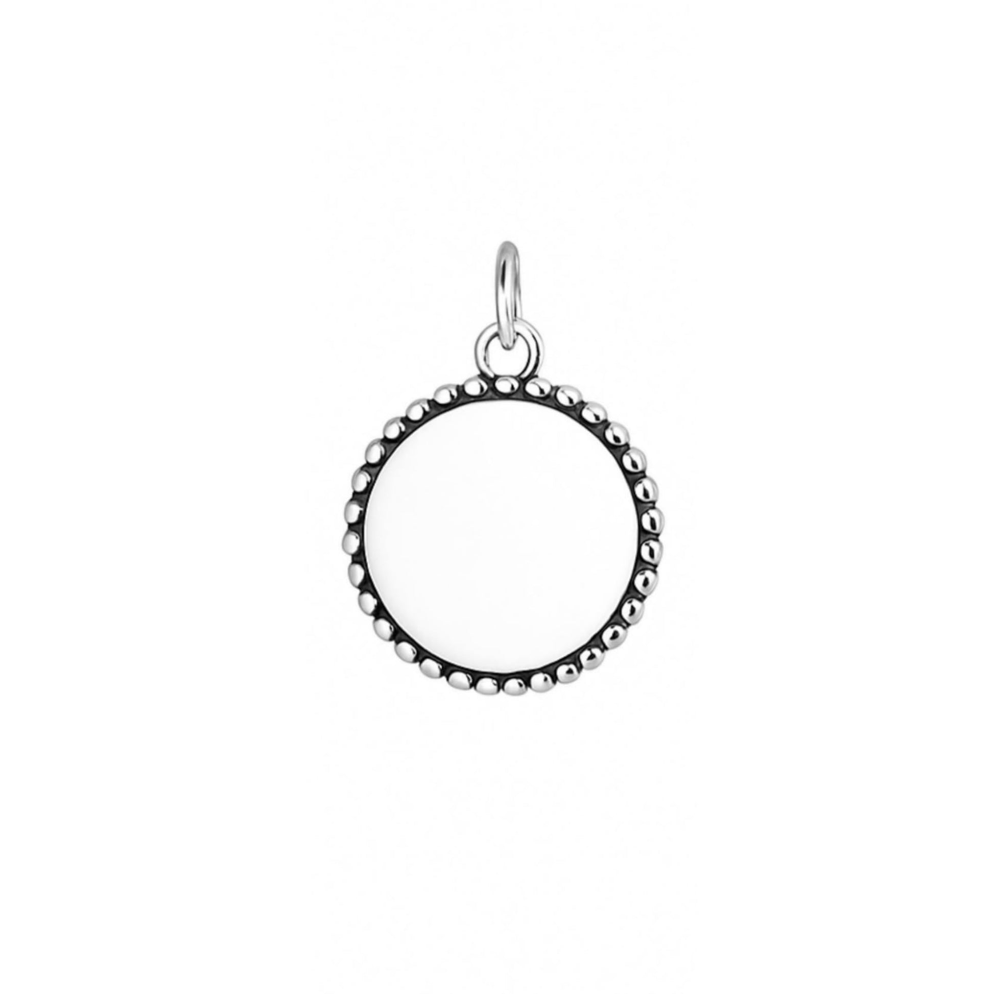 Oxidised Beaded Circle Charm with round center and beaded border, silver-tone bail