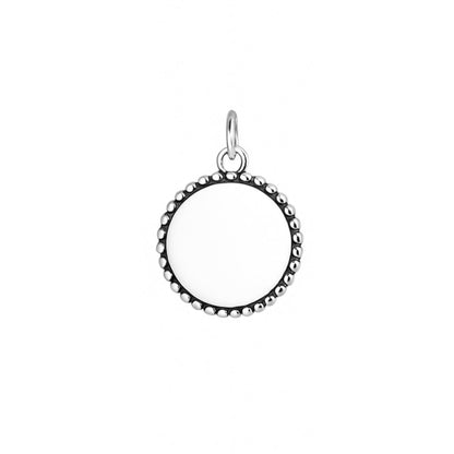 Oxidised Beaded Circle Charm with round center and beaded border, silver-tone bail