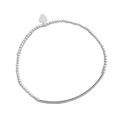 Silver stretch bracelet with round bead links and a smooth curved bar detail