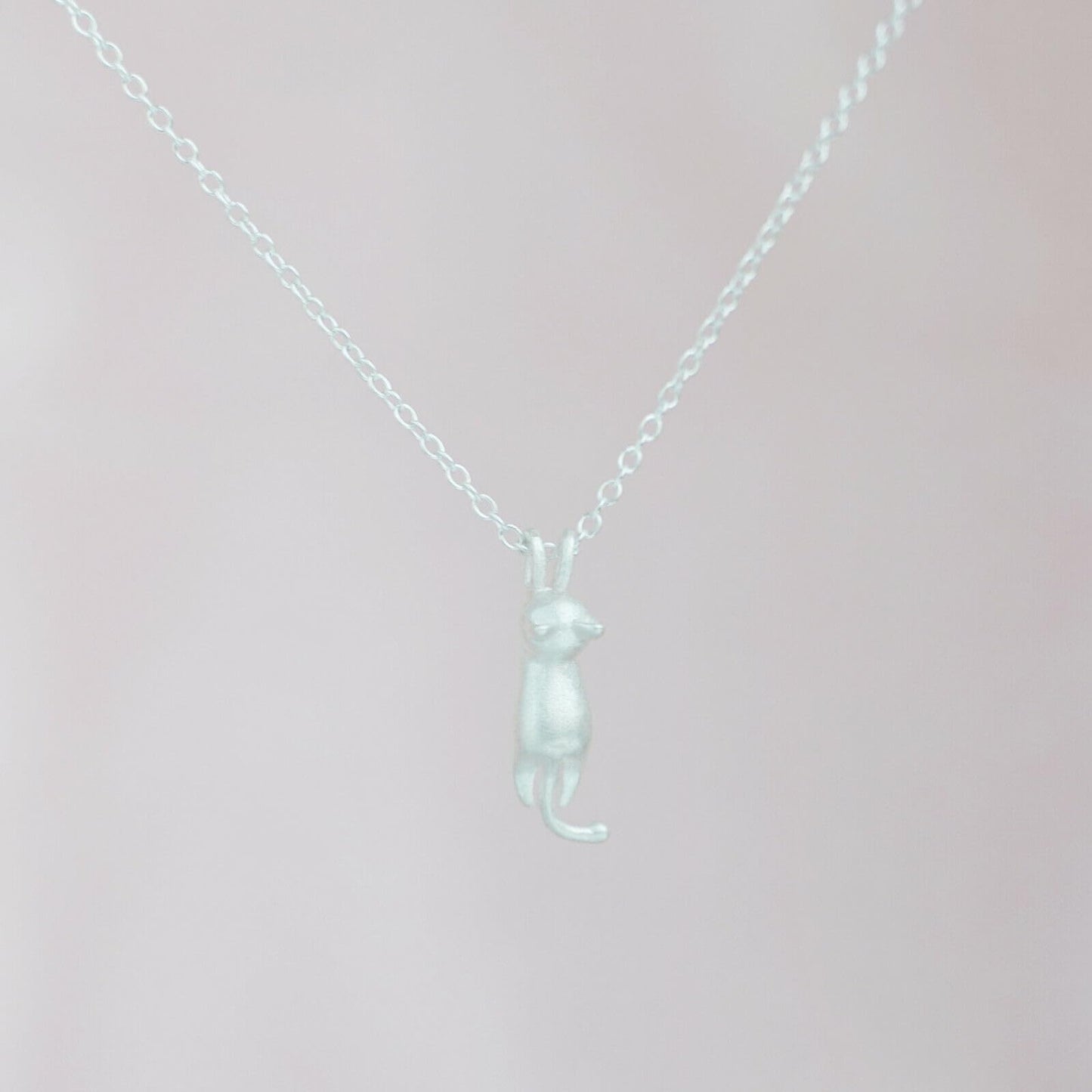 Sterling Silver Matte Hanging Cat Jumping Kitten Pendant Necklace